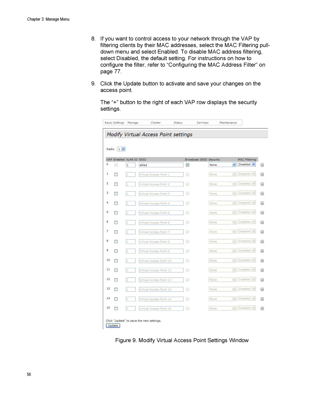 Allied Telesis AT-TQ2450 manual Modify Virtual Access Point Settings Window 