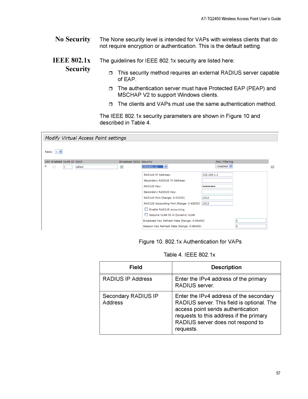 Allied Telesis AT-TQ2450 manual No Security, Ieee 802.1x Security 