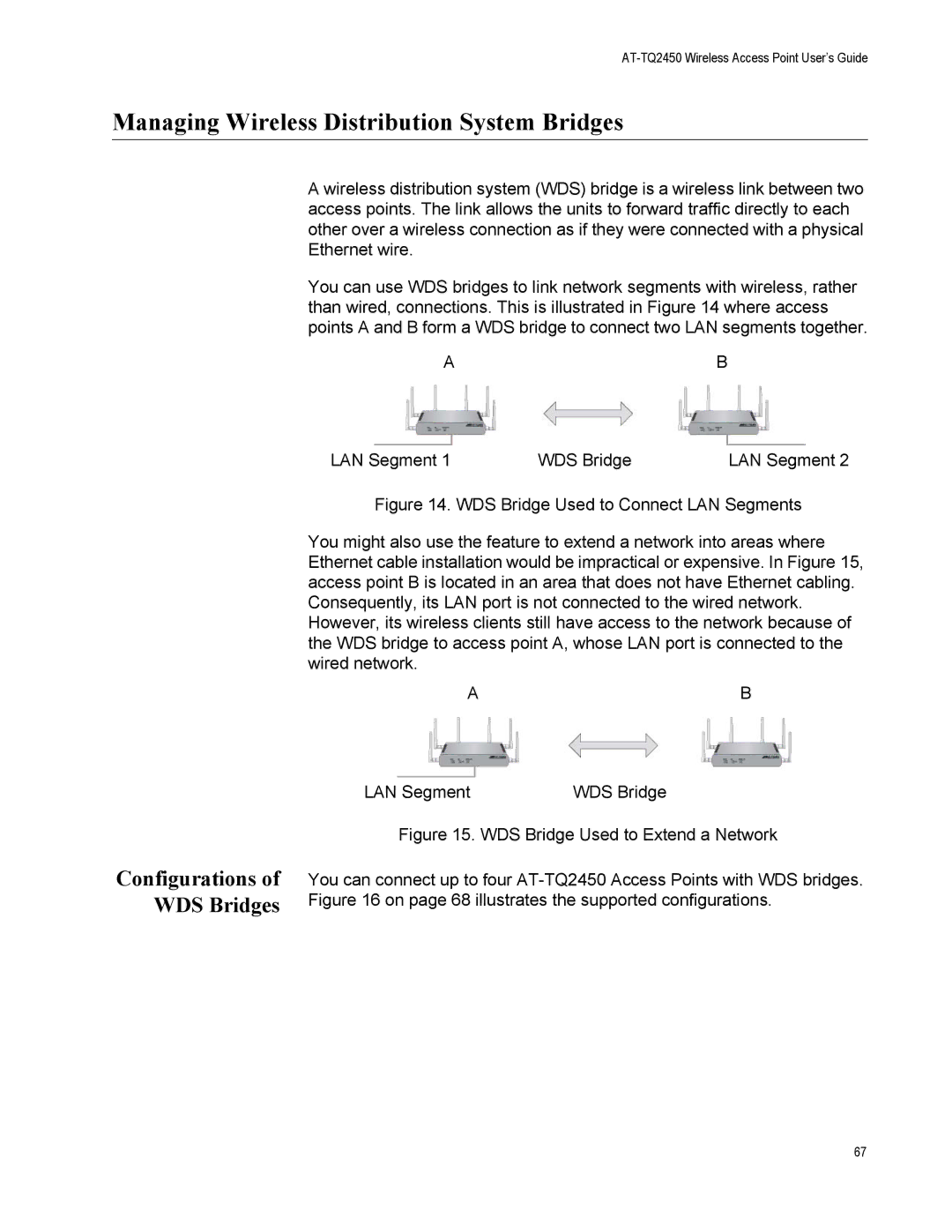 Allied Telesis AT-TQ2450 manual Managing Wireless Distribution System Bridges, Configurations of WDS Bridges 