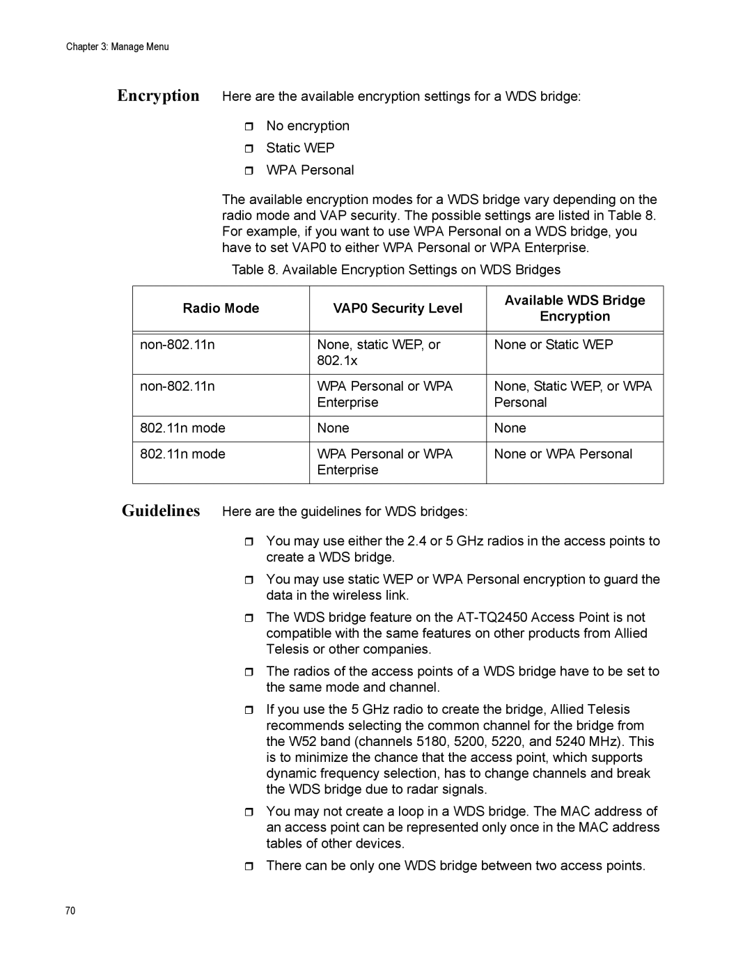 Allied Telesis AT-TQ2450 manual Manage Menu 