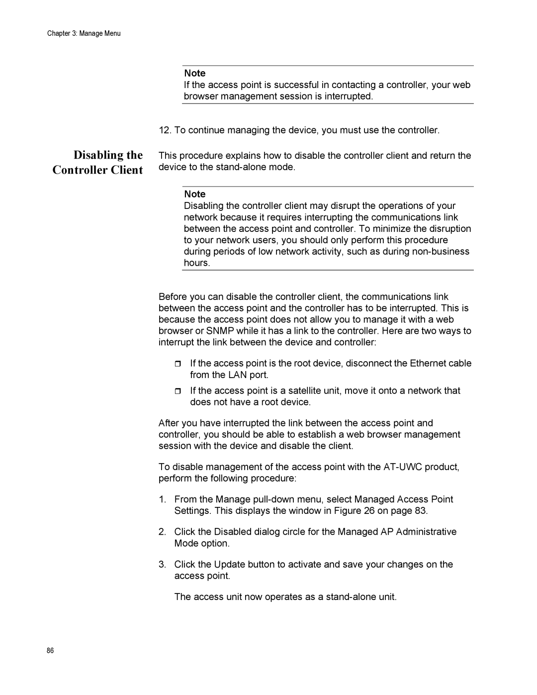 Allied Telesis AT-TQ2450 manual Disabling the Controller Client 