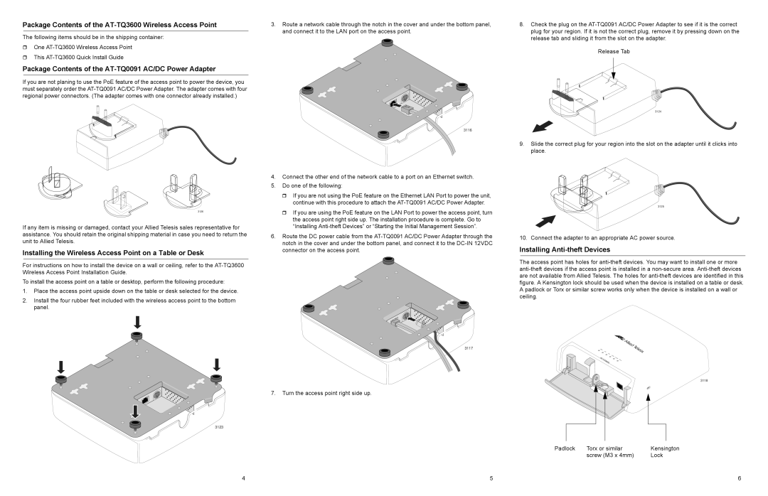 Allied Telesis Package Contents of the AT-TQ3600 Wireless Access Point, Installing Anti-theft Devices 