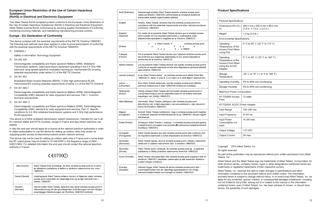 Allied Telesis AT-TQ3600 installation instructions Europe EU Declaration of Conformity, Product Specifications 