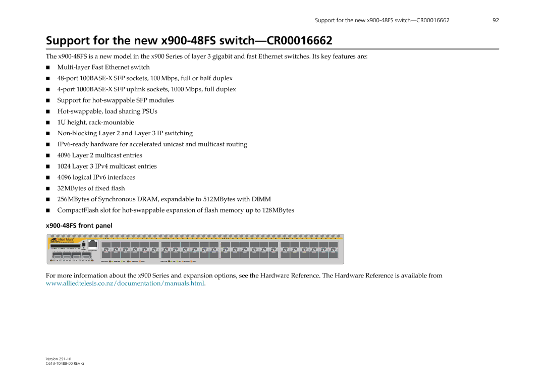 Allied Telesis AT-WA1104G-10 manual Support for the new x900-48FS switch-CR00016662 