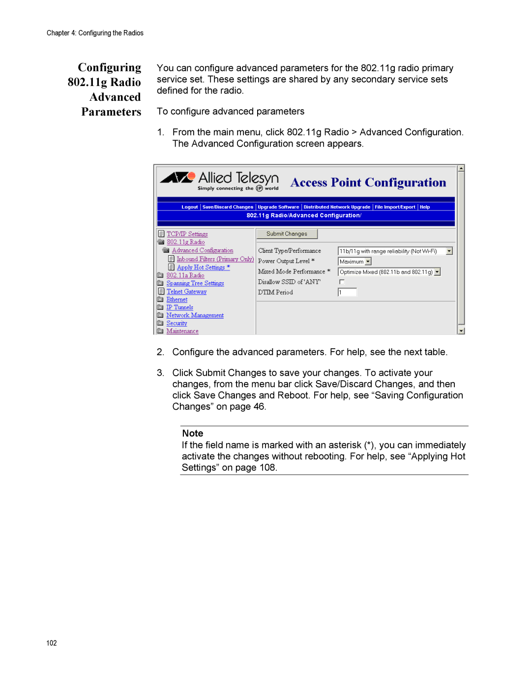 Allied Telesis AT-WA7500, AT-WA7501 manual Configuring 802.11g Radio Advanced Parameters 