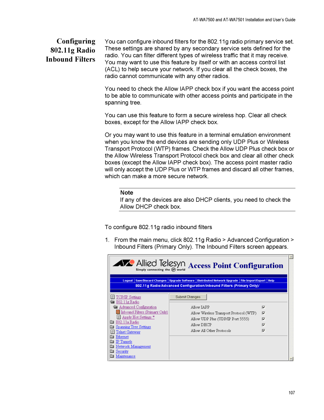 Allied Telesis AT-WA7501, AT-WA7500 manual Configuring 802.11g Radio Inbound Filters 