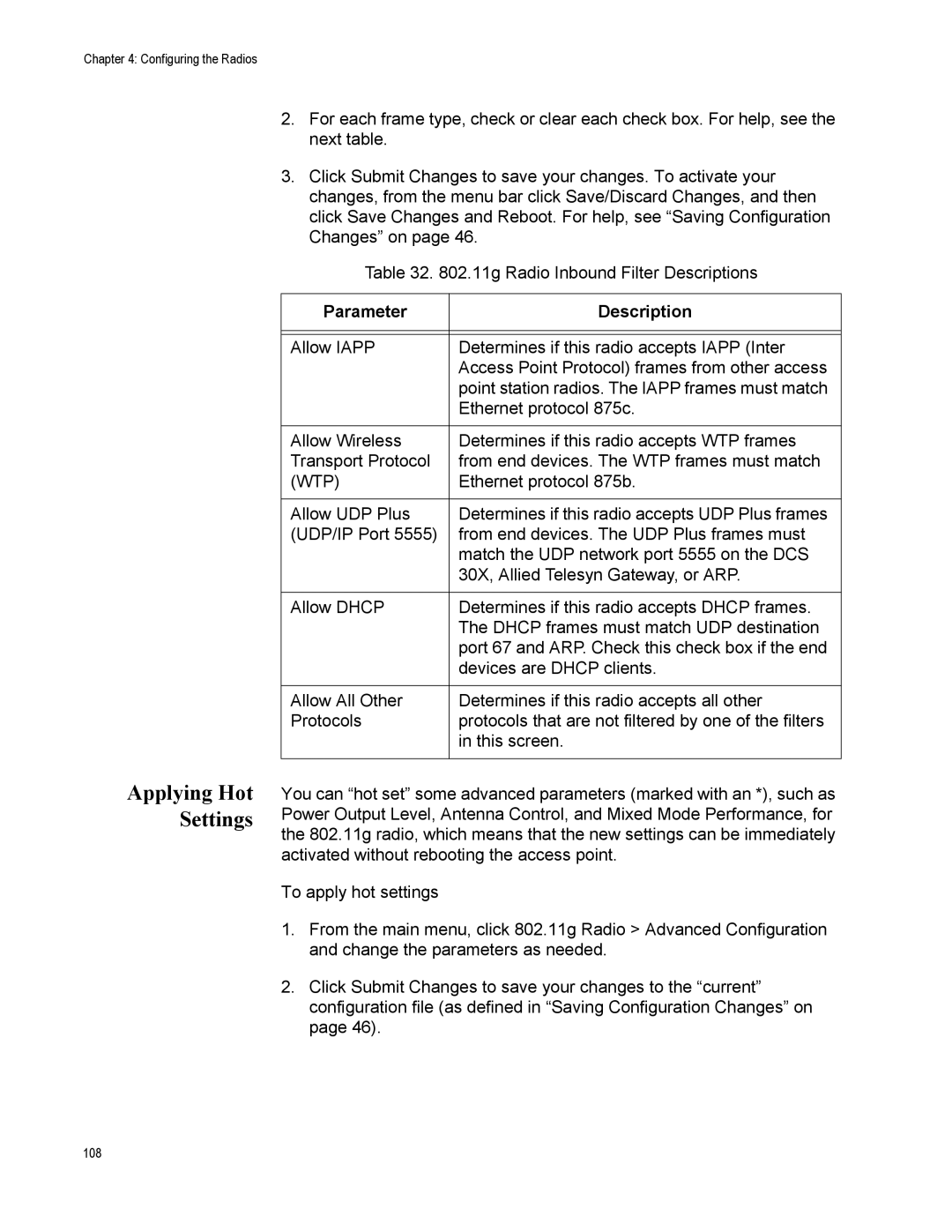 Allied Telesis AT-WA7500, AT-WA7501 manual Applying Hot Settings, Wtp 