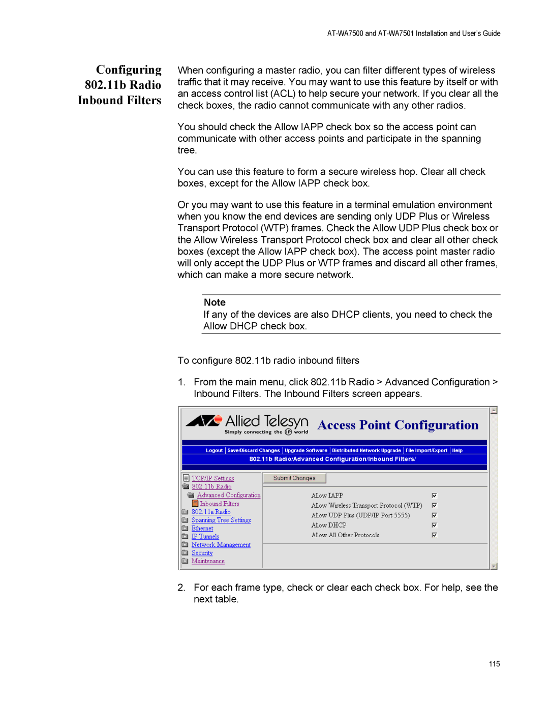 Allied Telesis AT-WA7501, AT-WA7500 manual Configuring 802.11b Radio Inbound Filters 