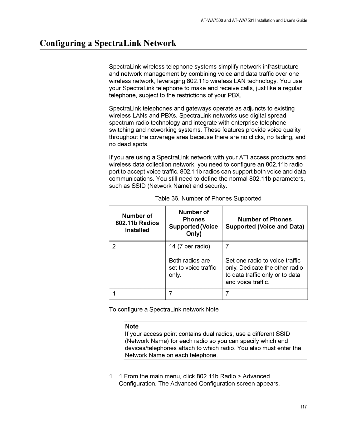 Allied Telesis AT-WA7501 Configuring a SpectraLink Network, Number of Phones, Supported Voice Supported Voice and Data 