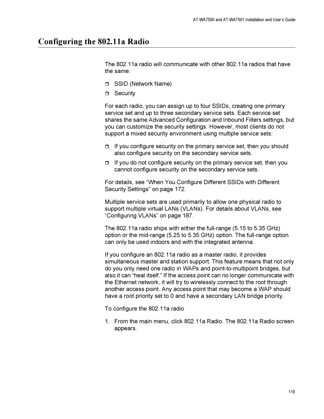 Allied Telesis AT-WA7501, AT-WA7500 manual Configuring the 802.11a Radio 