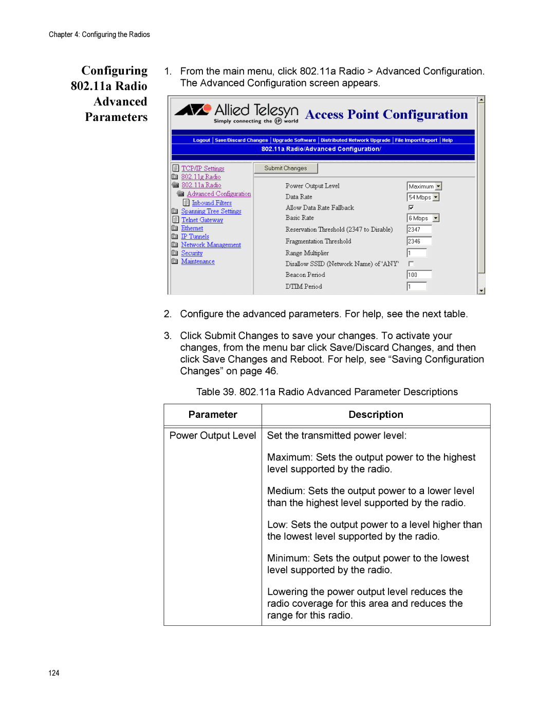 Allied Telesis AT-WA7500, AT-WA7501 manual Configuring 802.11a Radio Advanced Parameters, Parameter Description 