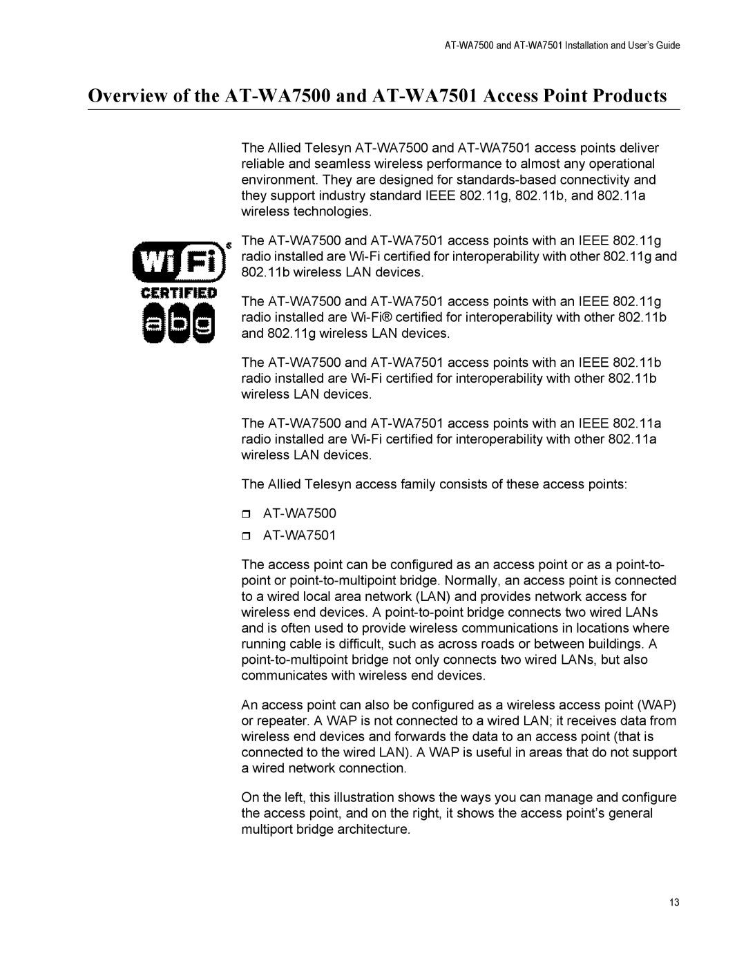 Allied Telesis manual AT-WA7500 and AT-WA7501 Installation and User’s Guide 