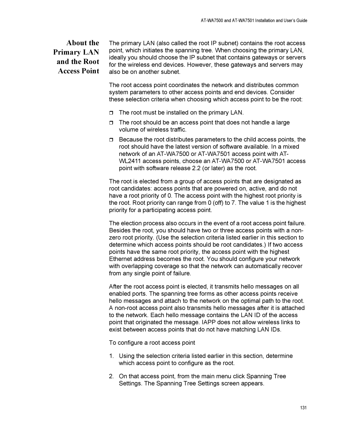 Allied Telesis AT-WA7501, AT-WA7500 manual About Primary LAN Root Access Point 