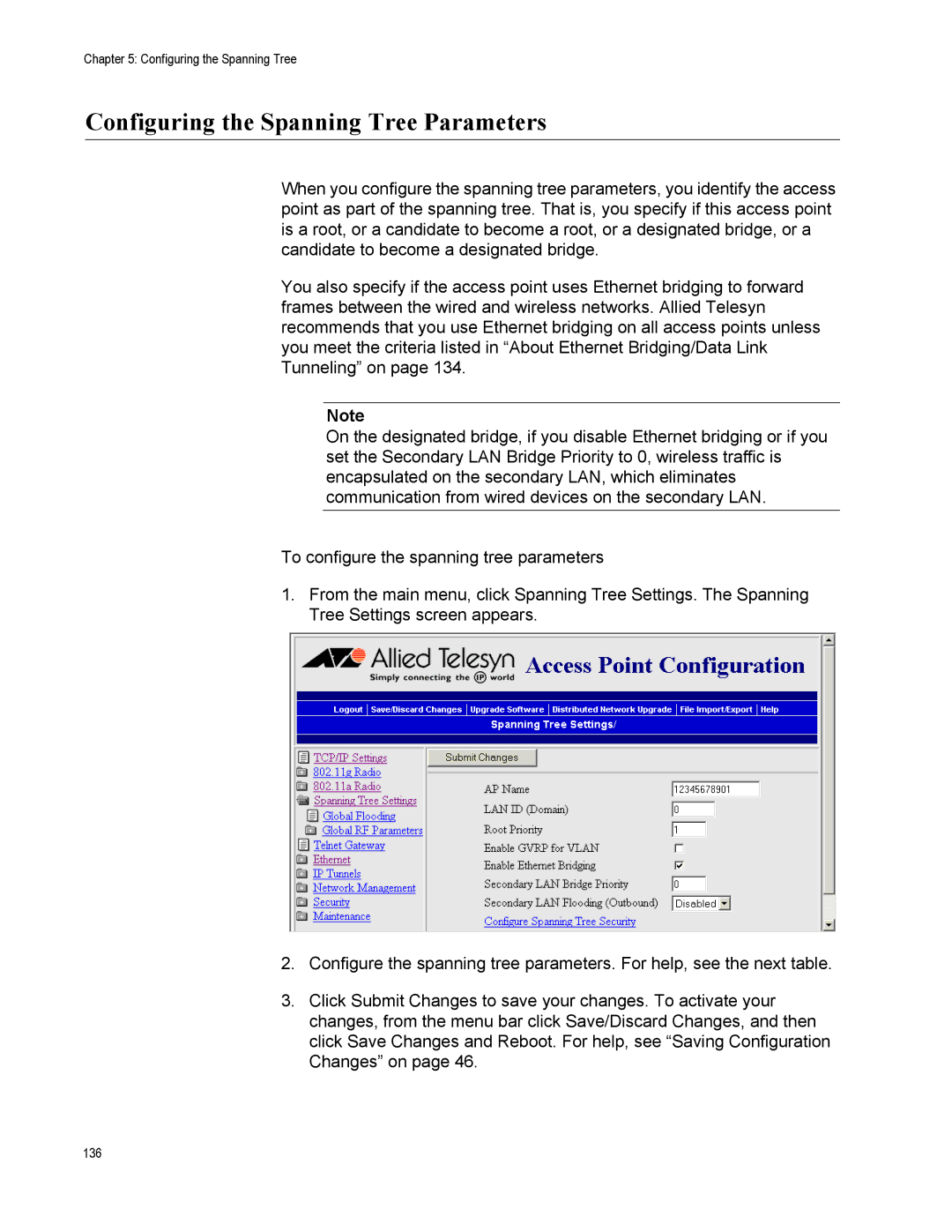 Allied Telesis AT-WA7500, AT-WA7501 manual Configuring the Spanning Tree Parameters 