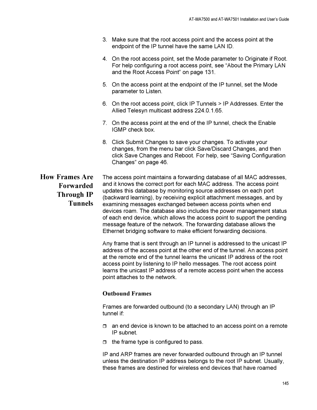 Allied Telesis AT-WA7501, AT-WA7500 manual How Frames Are Forwarded Through IP Tunnels, Outbound Frames 