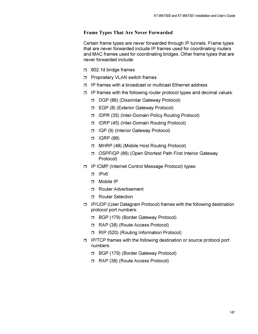 Allied Telesis AT-WA7501, AT-WA7500 manual Frame Types That Are Never Forwarded 