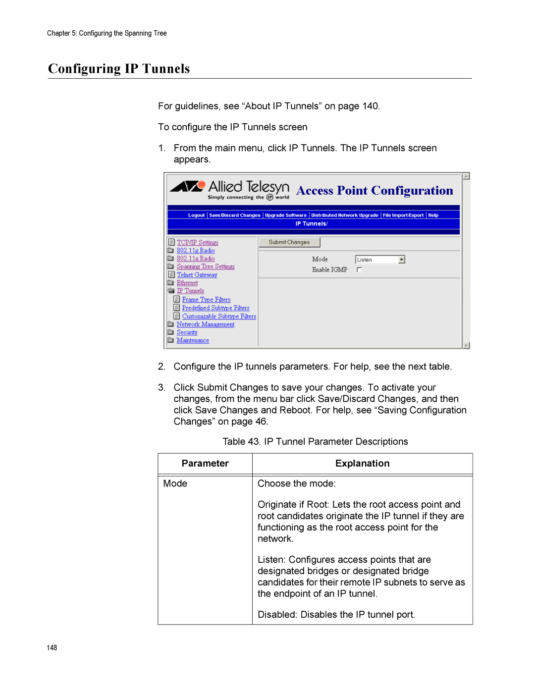 Allied Telesis AT-WA7500, AT-WA7501 manual Configuring IP Tunnels, Parameter Explanation 