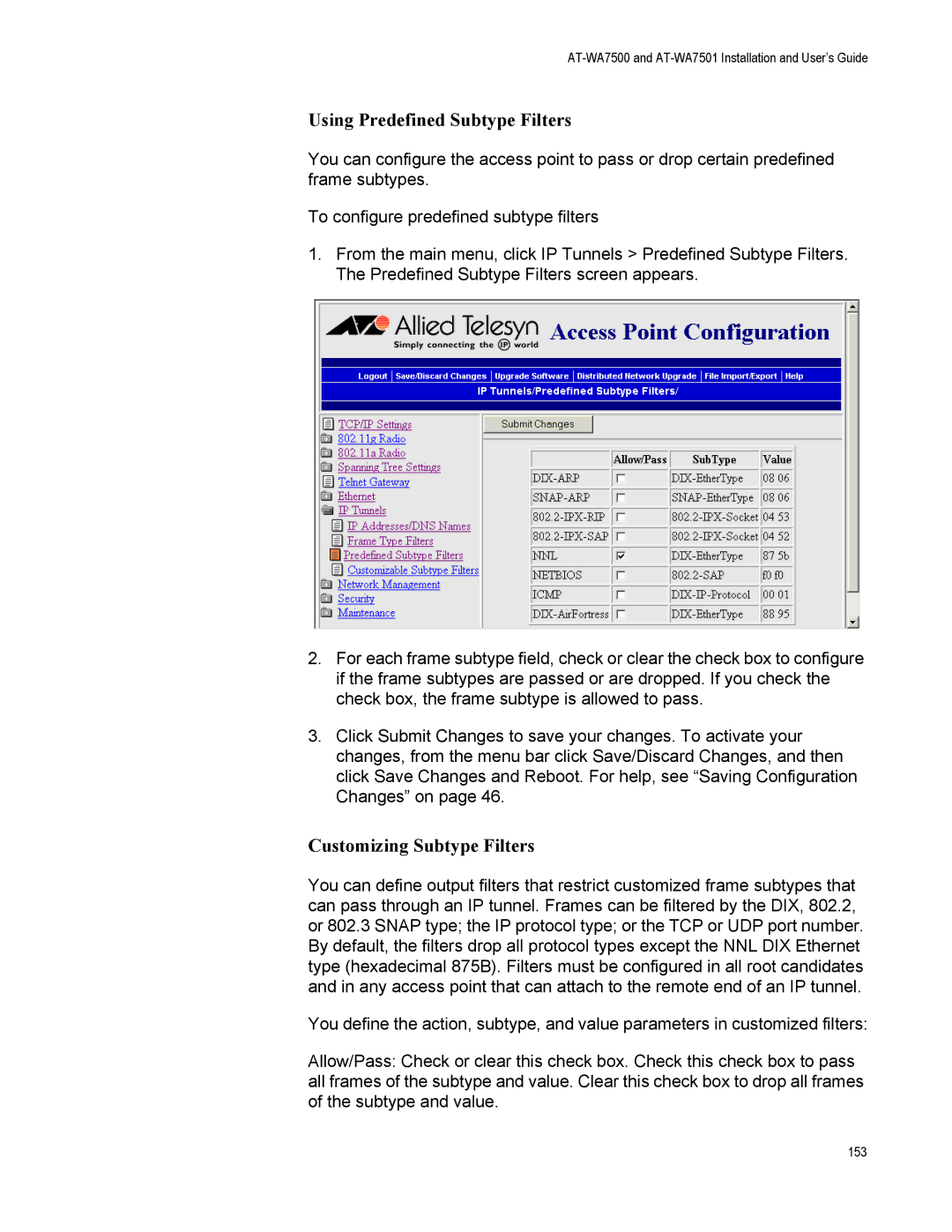Allied Telesis AT-WA7501, AT-WA7500 manual Using Predefined Subtype Filters, Customizing Subtype Filters 