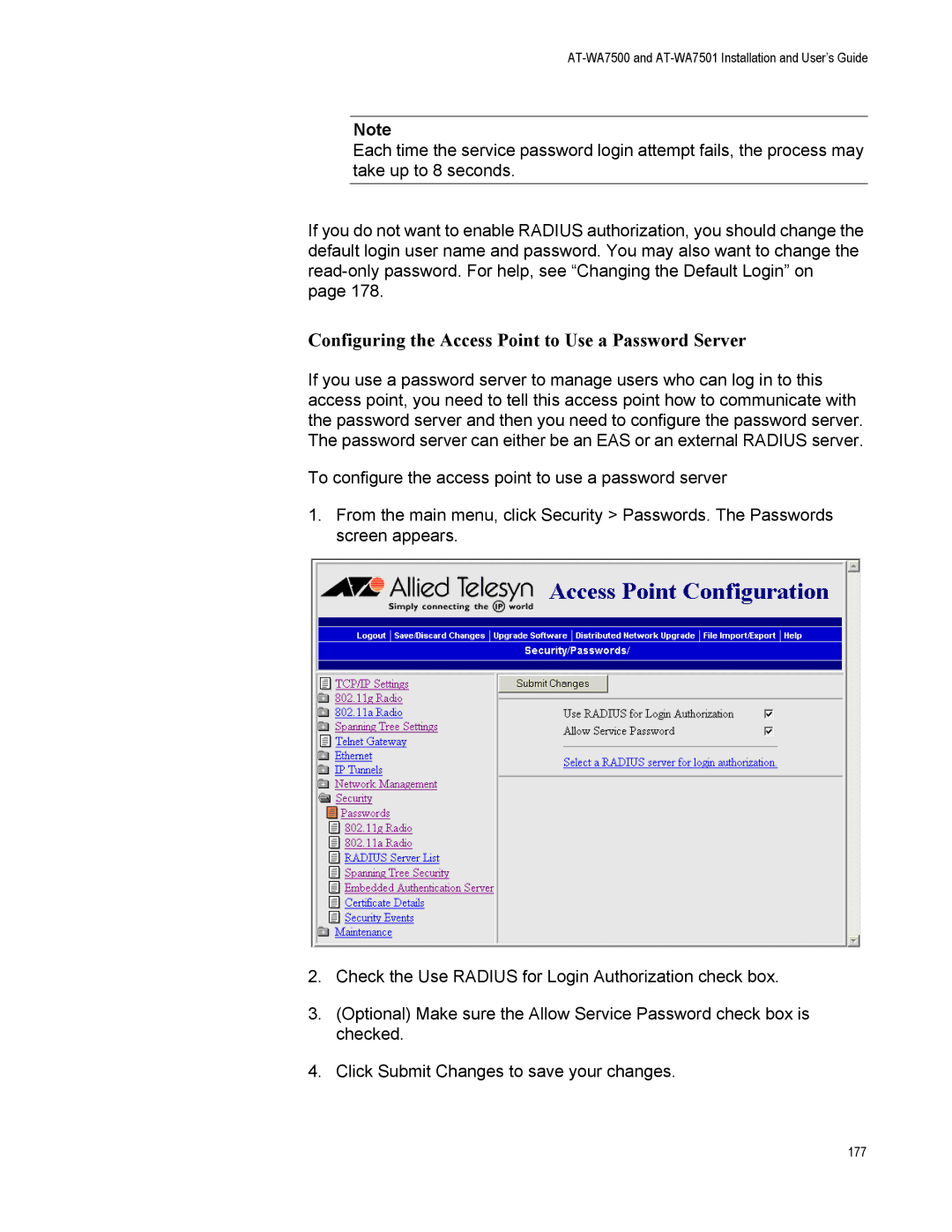 Allied Telesis AT-WA7501, AT-WA7500 manual Configuring the Access Point to Use a Password Server 