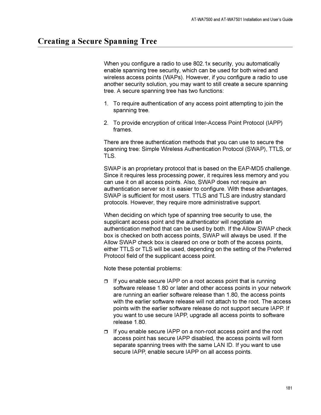 Allied Telesis AT-WA7501, AT-WA7500 manual Creating a Secure Spanning Tree 