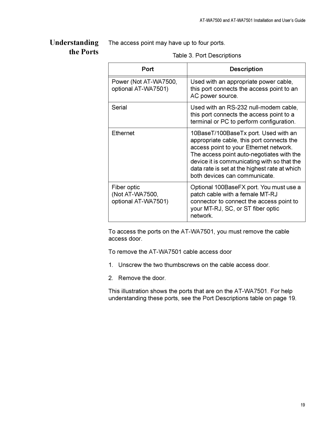 Allied Telesis AT-WA7501, AT-WA7500 manual Understanding the Ports, Port Description 