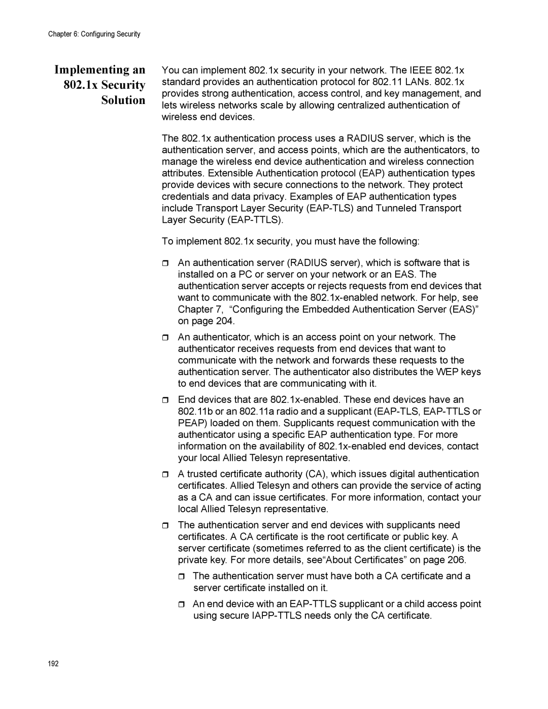 Allied Telesis AT-WA7500, AT-WA7501 manual Implementing an 802.1x Security Solution 