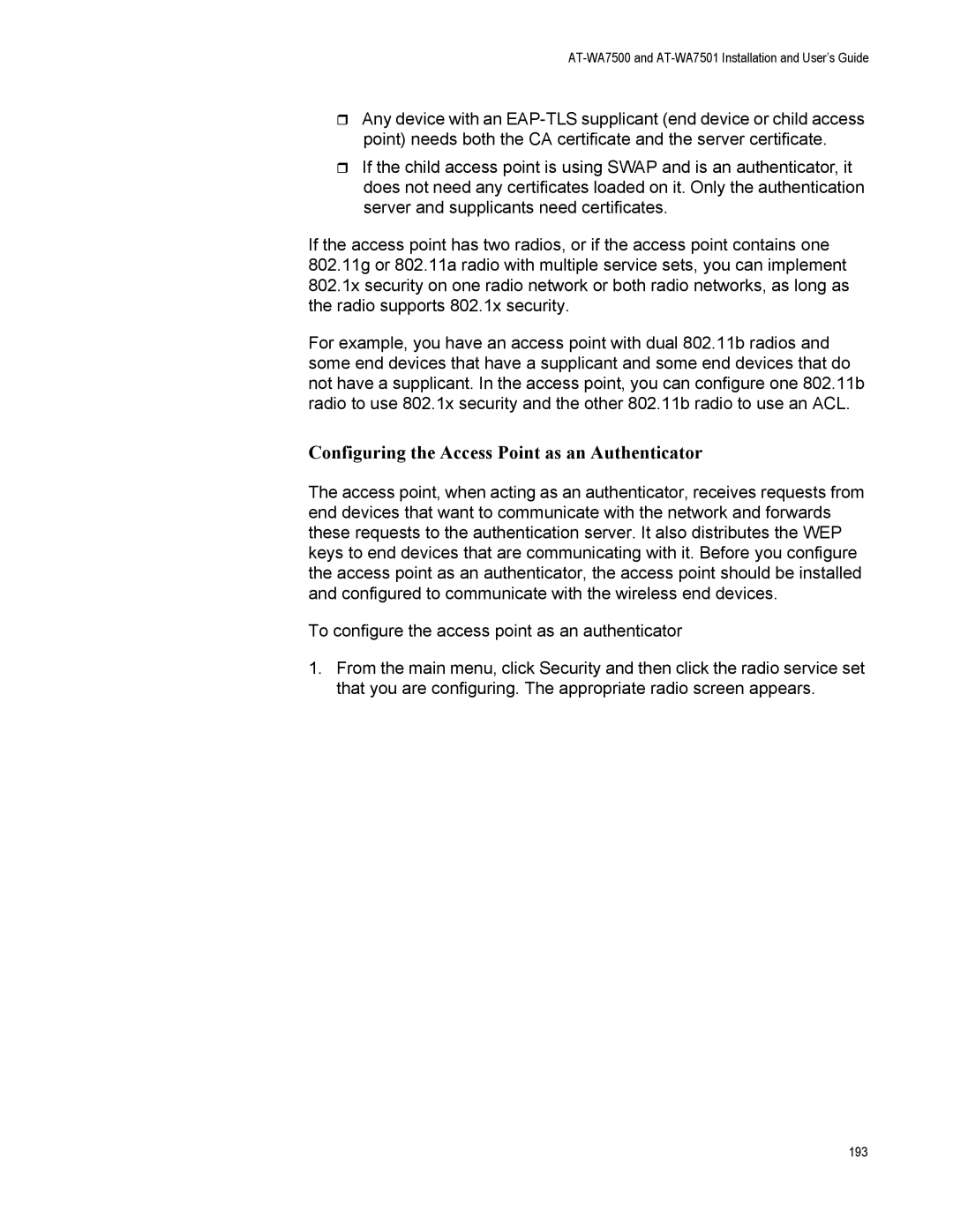 Allied Telesis AT-WA7501, AT-WA7500 manual Configuring the Access Point as an Authenticator 