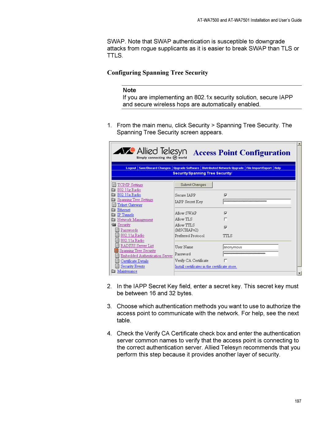 Allied Telesis AT-WA7501, AT-WA7500 manual Configuring Spanning Tree Security 