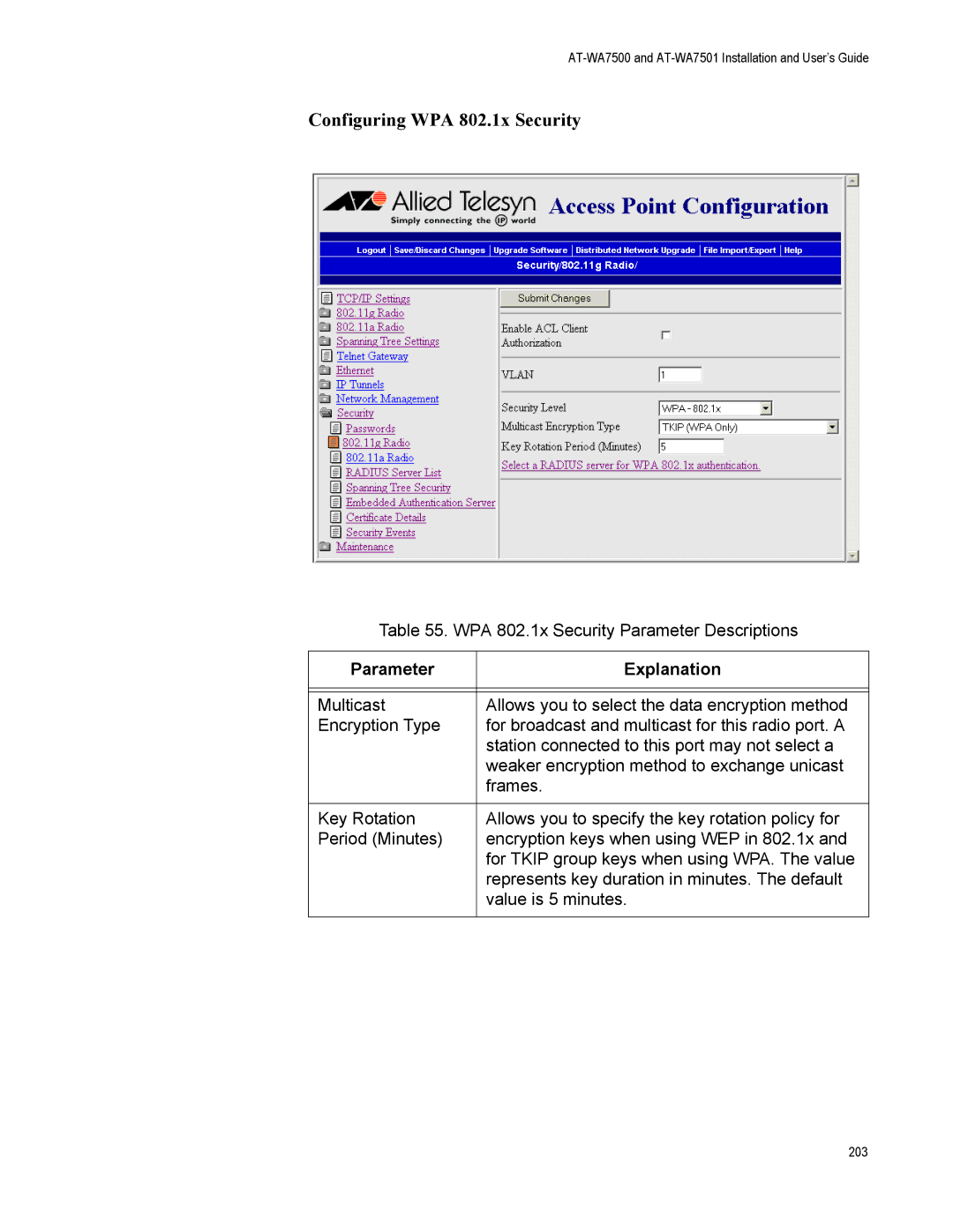Allied Telesis AT-WA7501, AT-WA7500 manual Configuring WPA 802.1x Security 