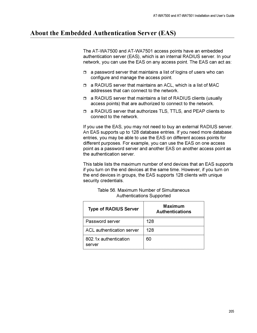 Allied Telesis AT-WA7501 manual About the Embedded Authentication Server EAS, Type of Radius Server Maximum Authentications 