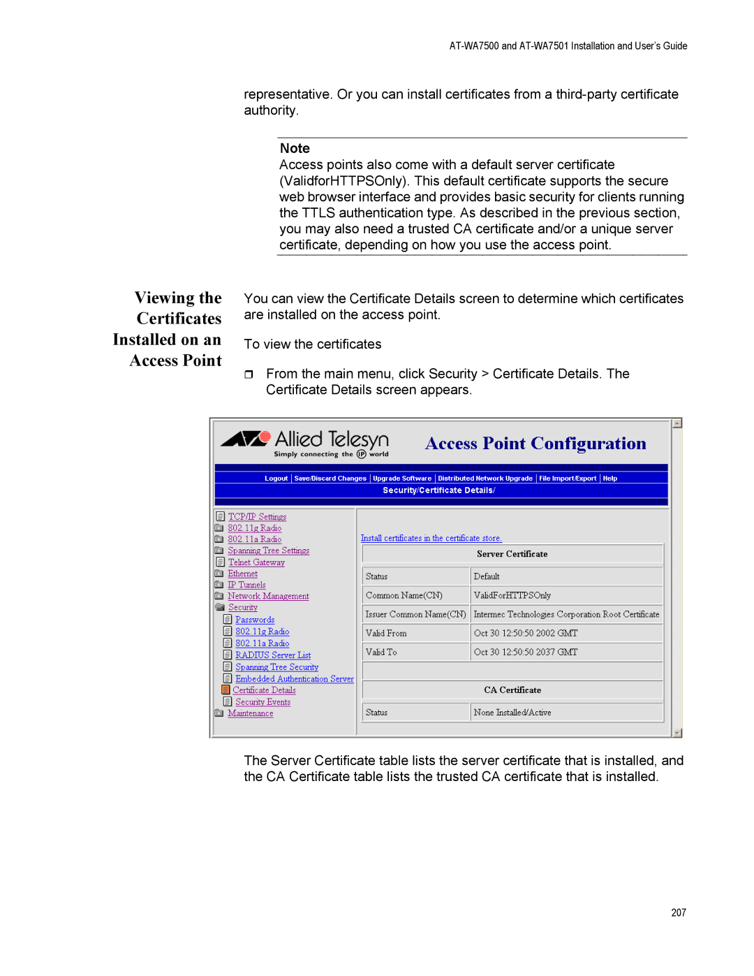 Allied Telesis AT-WA7501, AT-WA7500 manual Viewing the Certificates Installed on an Access Point 