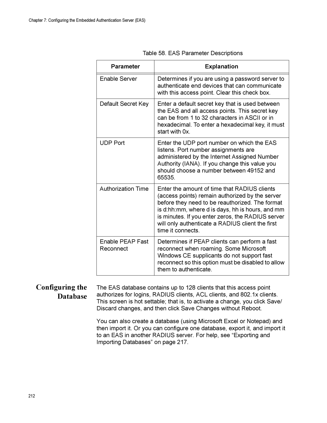 Allied Telesis AT-WA7500, AT-WA7501 manual Configuring the Database, Parameter Explanation 