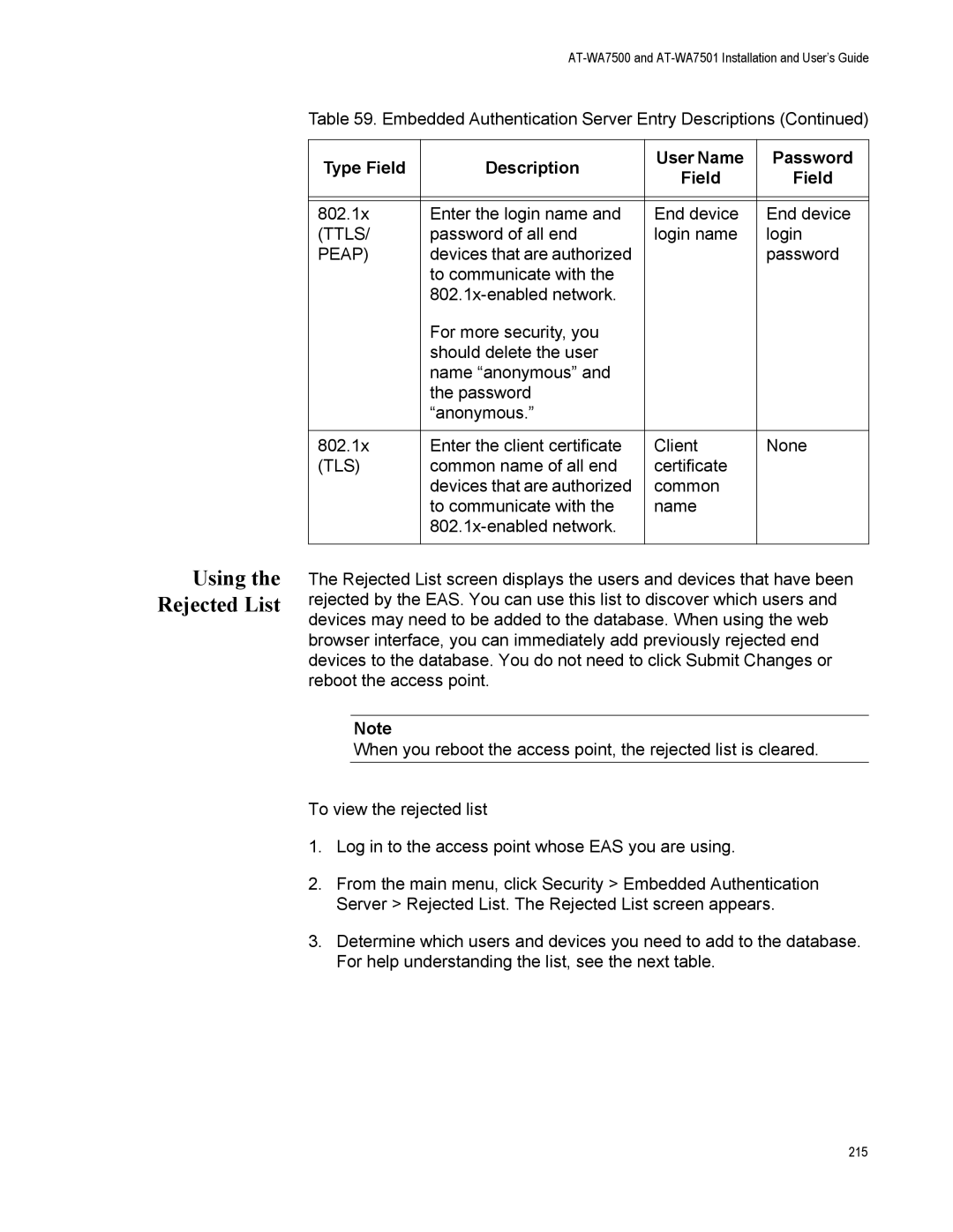 Allied Telesis AT-WA7501, AT-WA7500 manual Using the Rejected List, Peap, Tls 