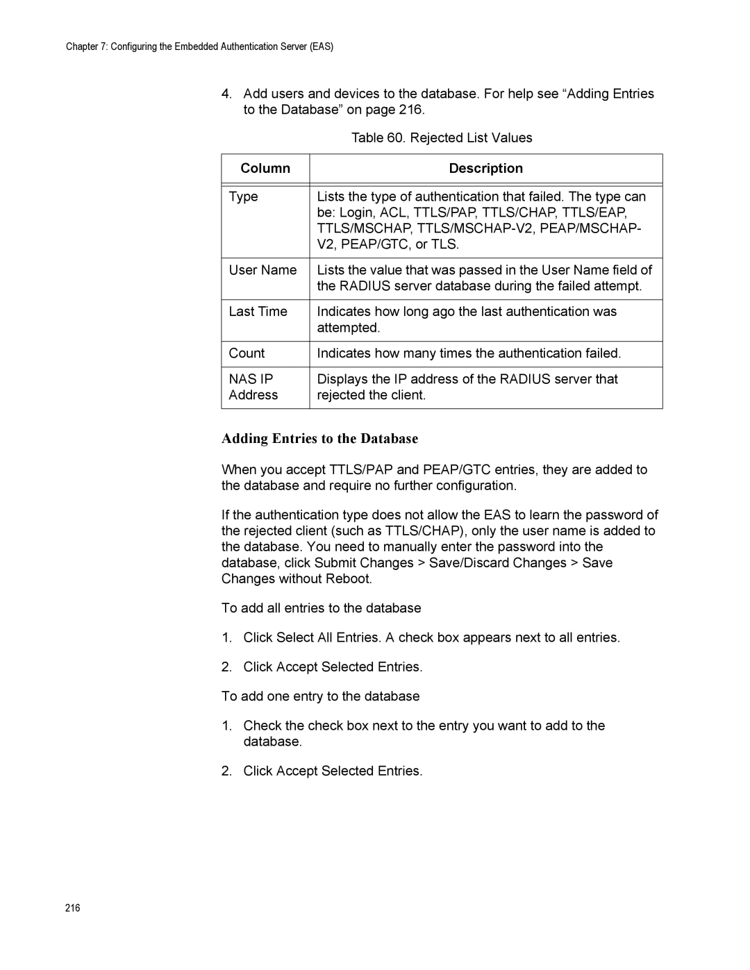 Allied Telesis AT-WA7500 Adding Entries to the Database, Column Description, TTLS/MSCHAP, TTLS/MSCHAP-V2, PEAP/MSCHAP 