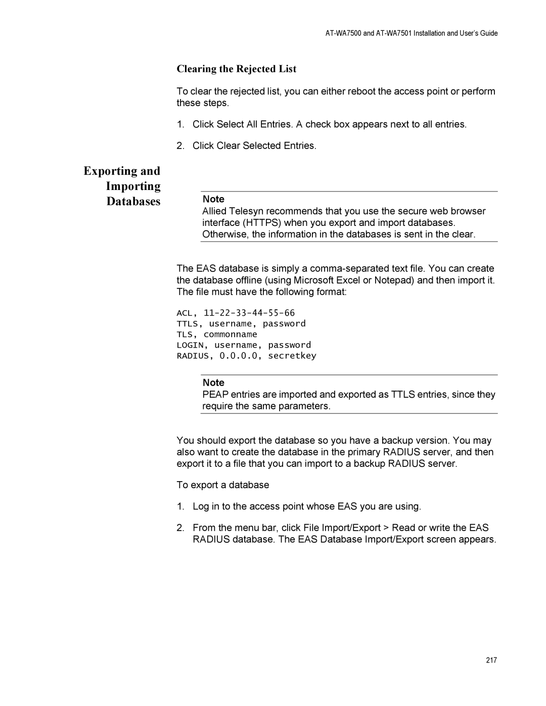 Allied Telesis AT-WA7501, AT-WA7500 manual Exporting Importing Databases, Clearing the Rejected List 