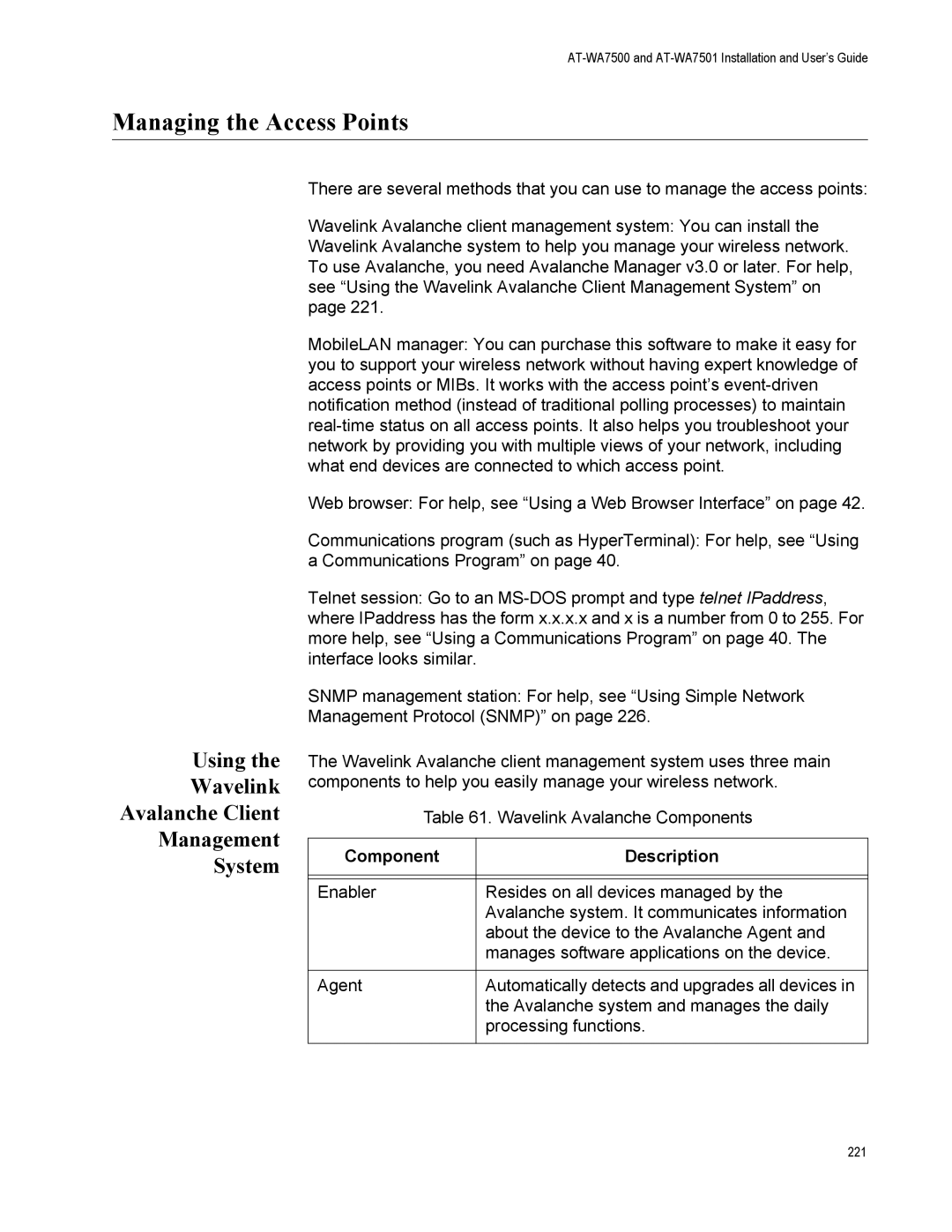 Allied Telesis AT-WA7501, AT-WA7500 manual Managing the Access Points, Using Wavelink Avalanche Client Management System 
