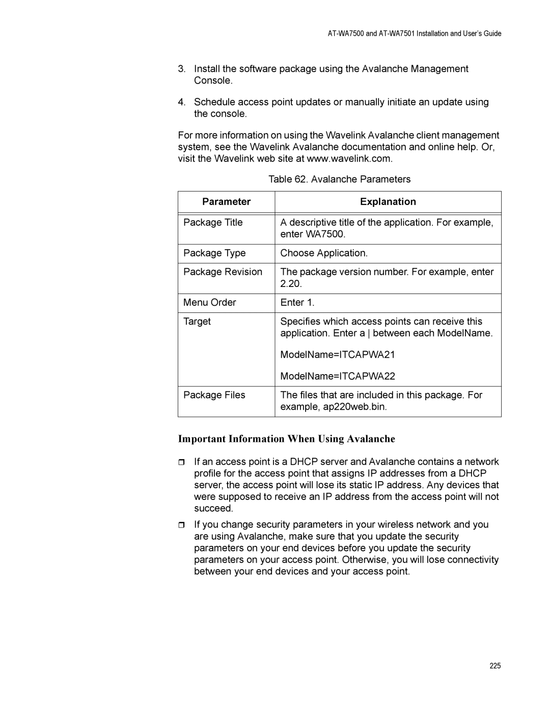 Allied Telesis AT-WA7501, AT-WA7500 manual Important Information When Using Avalanche, Parameter Explanation 