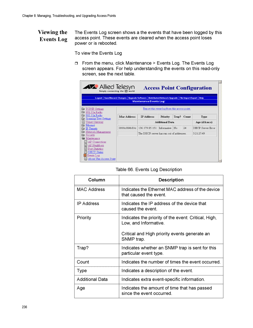 Allied Telesis AT-WA7500, AT-WA7501 manual Viewing the Events Log, Column Description 