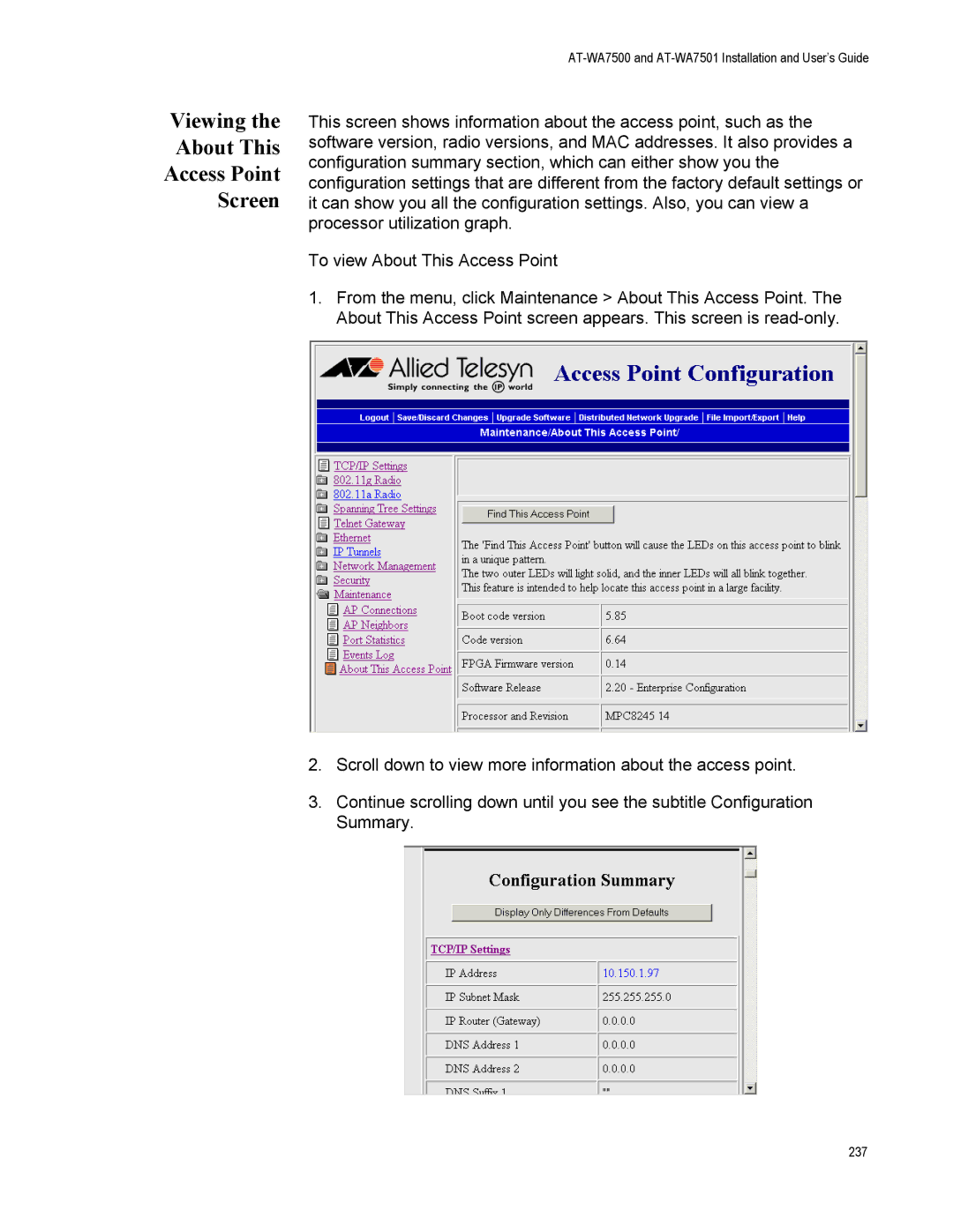 Allied Telesis AT-WA7501, AT-WA7500 manual Viewing About This Access Point Screen 