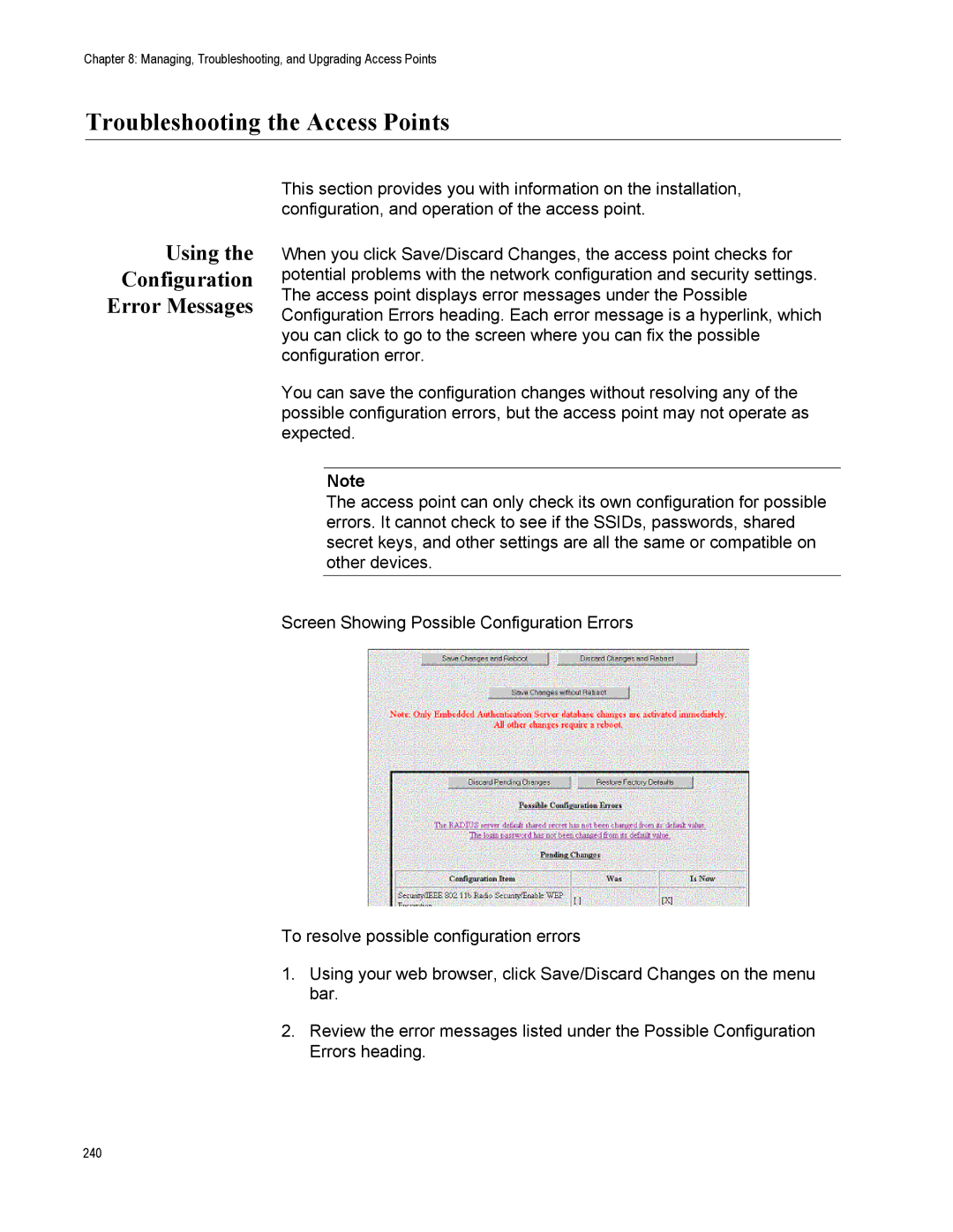 Allied Telesis AT-WA7500, AT-WA7501 manual Troubleshooting the Access Points, Using Configuration Error Messages 