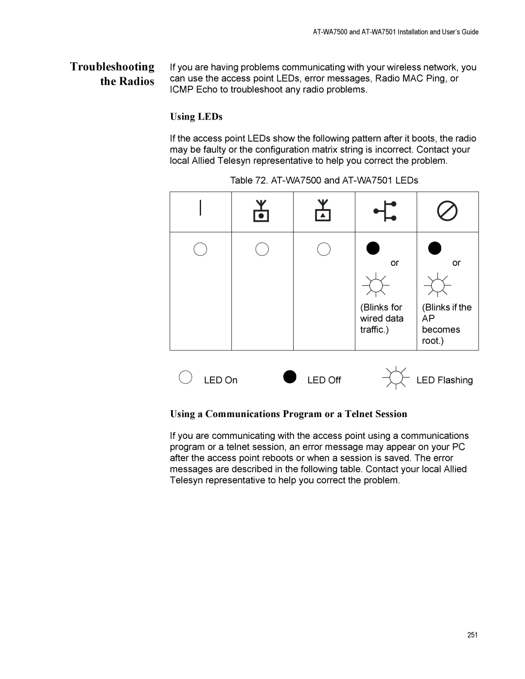 Allied Telesis AT-WA7501 manual Troubleshooting the Radios, Using LEDs, Using a Communications Program or a Telnet Session 