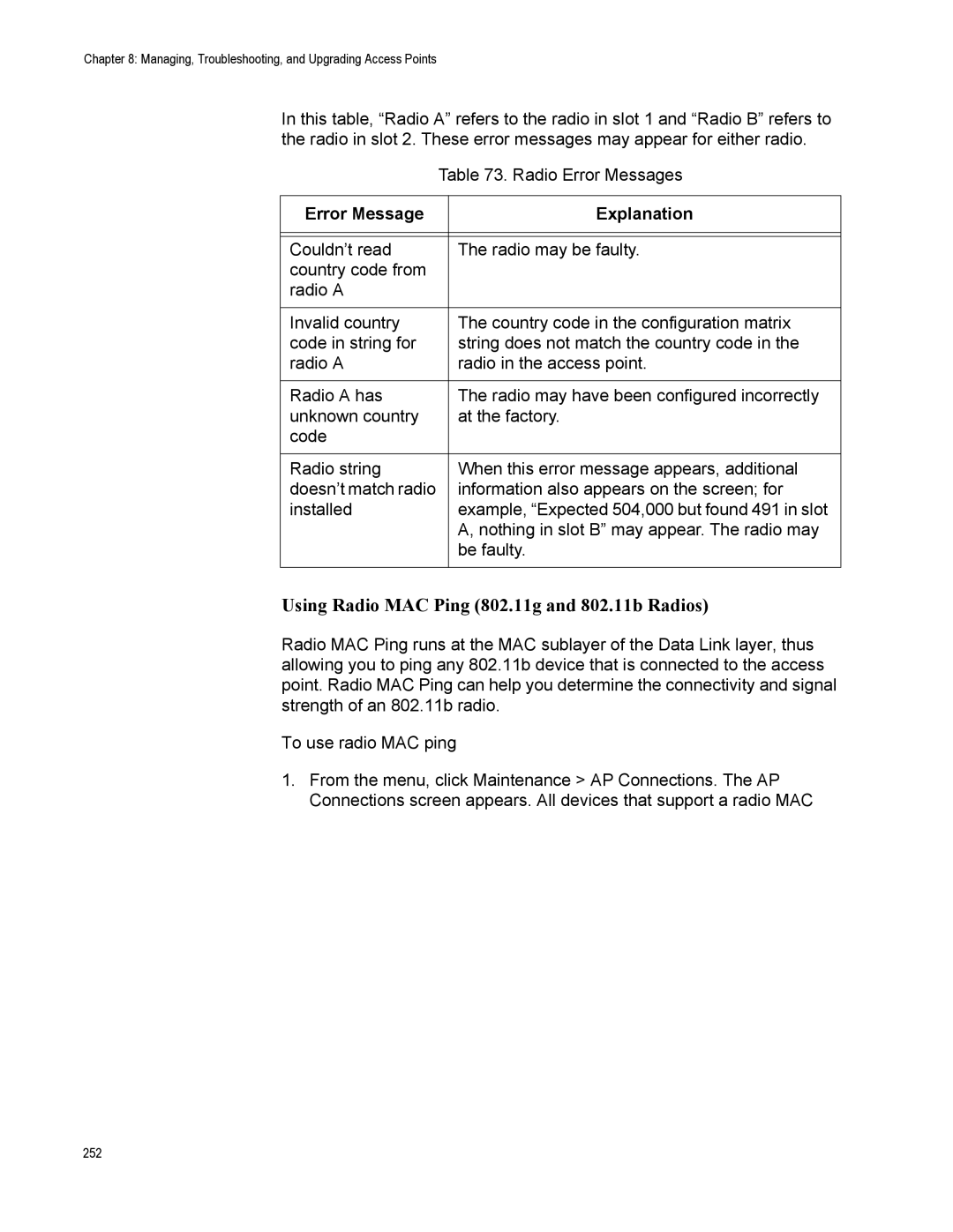 Allied Telesis AT-WA7500, AT-WA7501 manual Using Radio MAC Ping 802.11g and 802.11b Radios, Error Message Explanation 