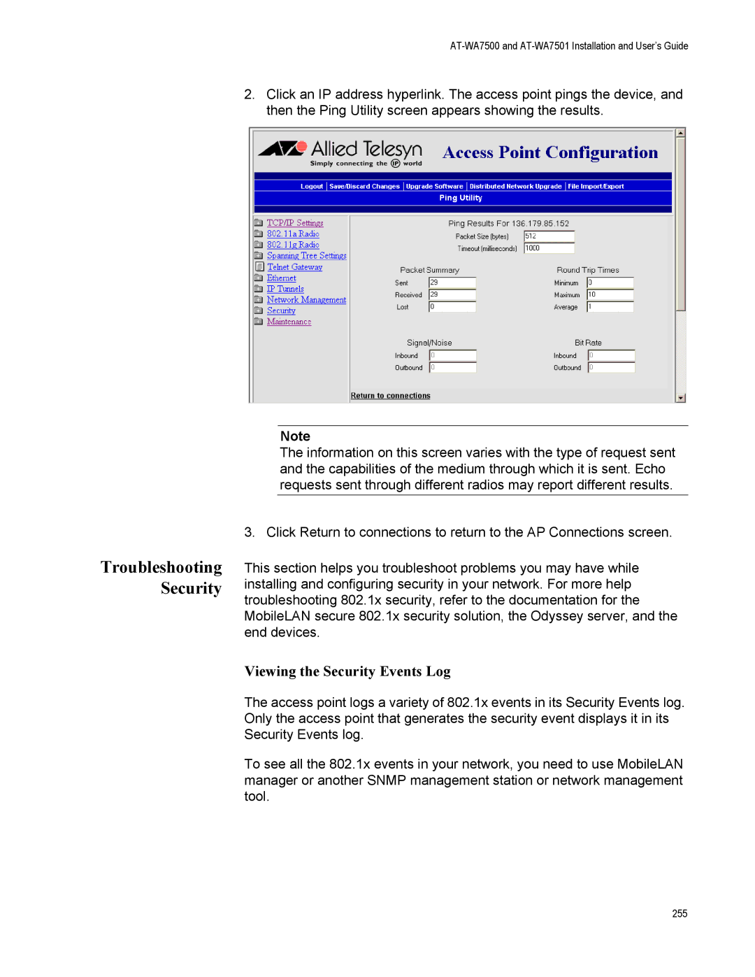 Allied Telesis AT-WA7501, AT-WA7500 manual Troubleshooting Security, Viewing the Security Events Log 