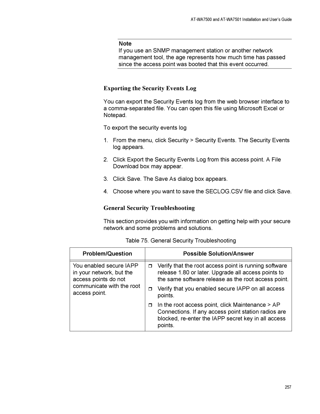 Allied Telesis AT-WA7501, AT-WA7500 manual Exporting the Security Events Log, General Security Troubleshooting 