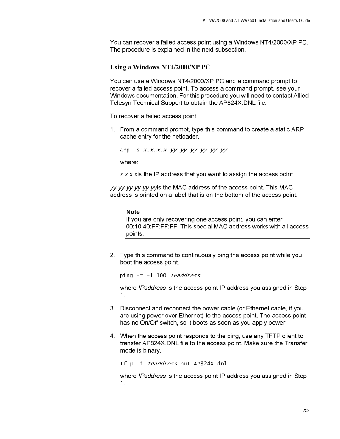 Allied Telesis AT-WA7501, AT-WA7500 manual Using a Windows NT4/2000/XP PC 