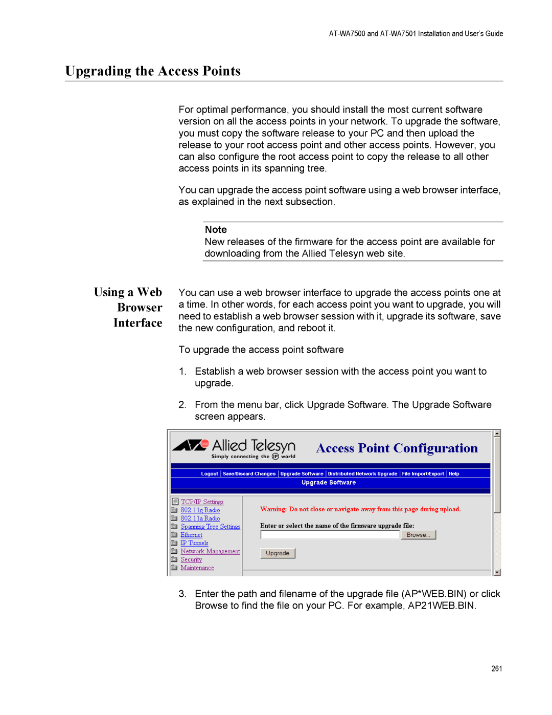 Allied Telesis AT-WA7501, AT-WA7500 manual Upgrading the Access Points, Using a Web Browser Interface 