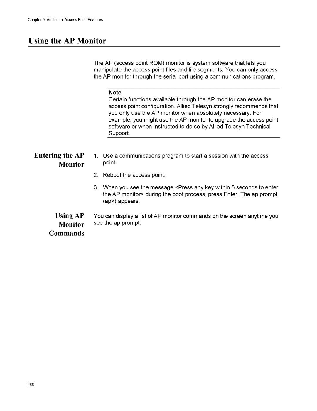 Allied Telesis AT-WA7500, AT-WA7501 manual Using the AP Monitor, Using AP Monitor Commands, Entering the AP Monitor 