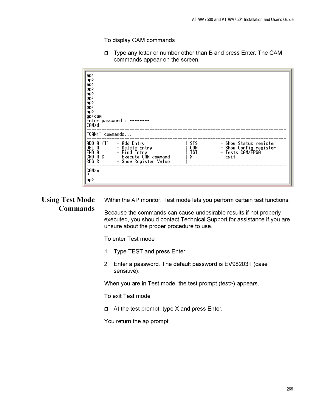 Allied Telesis AT-WA7501, AT-WA7500 manual Using Test Mode Commands 