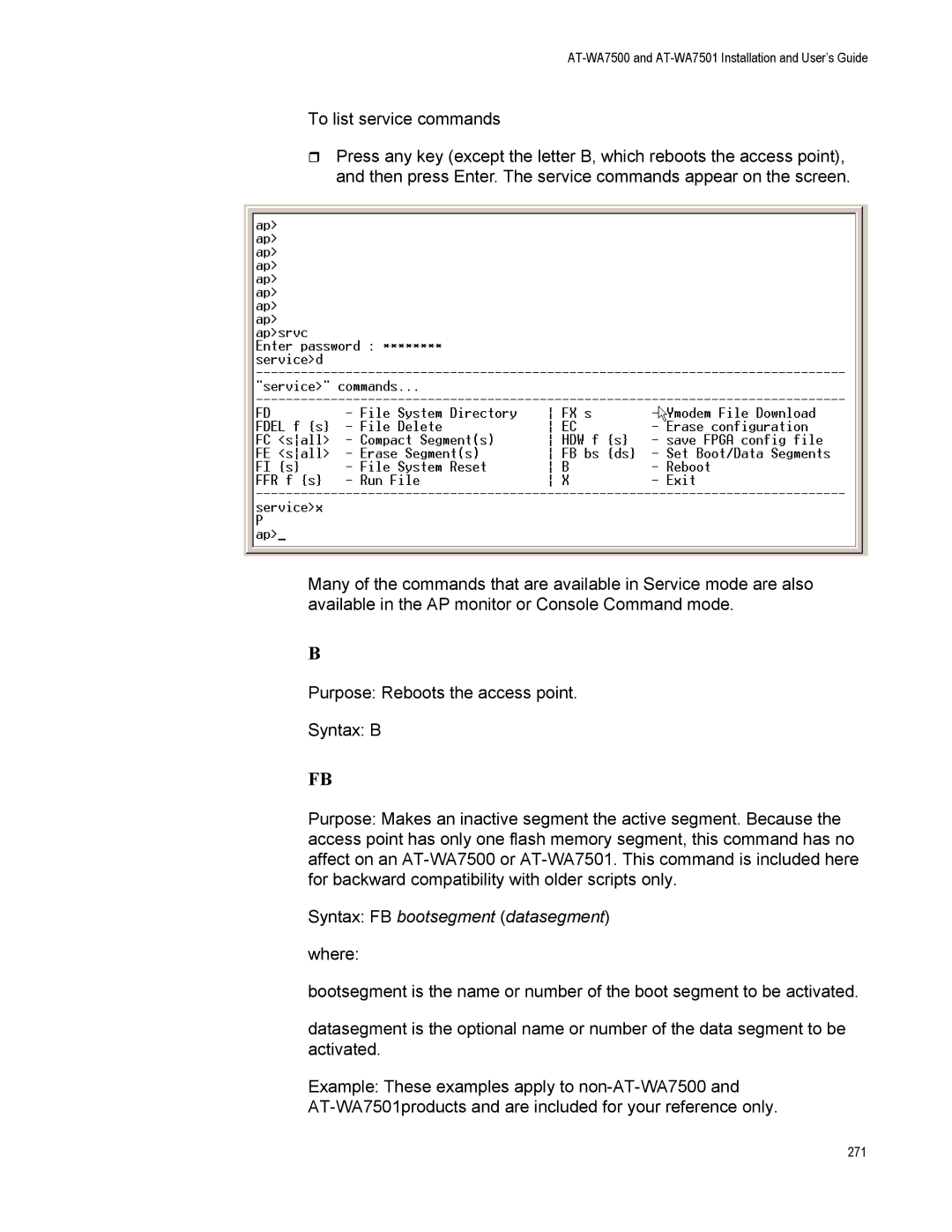 Allied Telesis AT-WA7501, AT-WA7500 manual Syntax FB bootsegment datasegment 