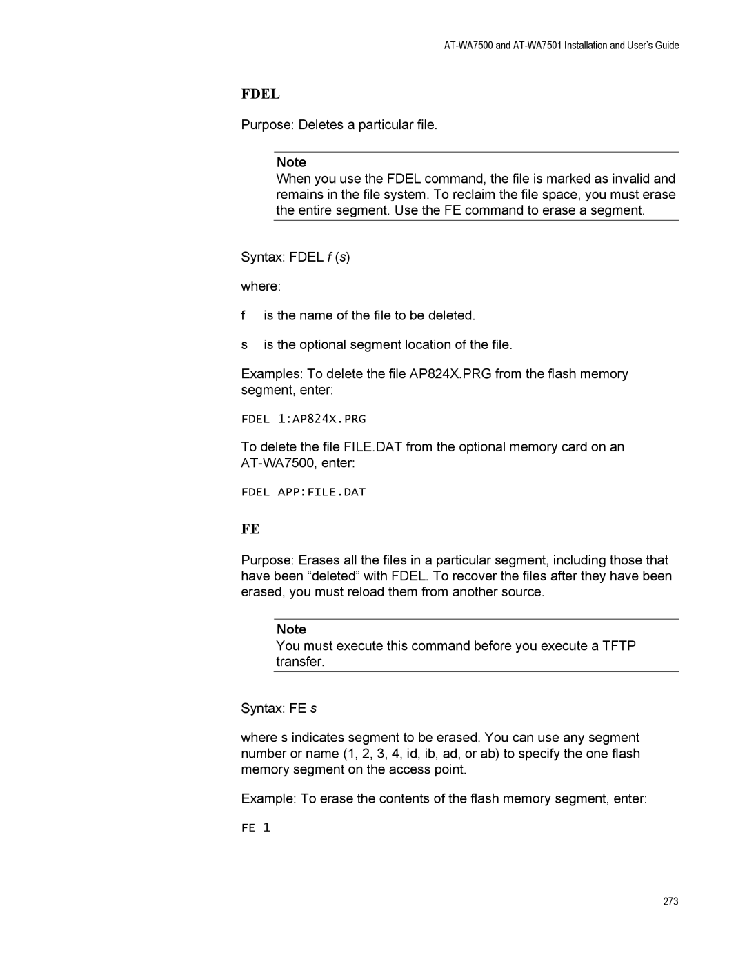 Allied Telesis AT-WA7501, AT-WA7500 manual Fdel 